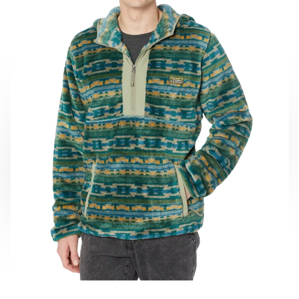 Men's L.L.Bean Hi-Pile Fleece Hoodie Green Print - Size LT Large Tall EUC